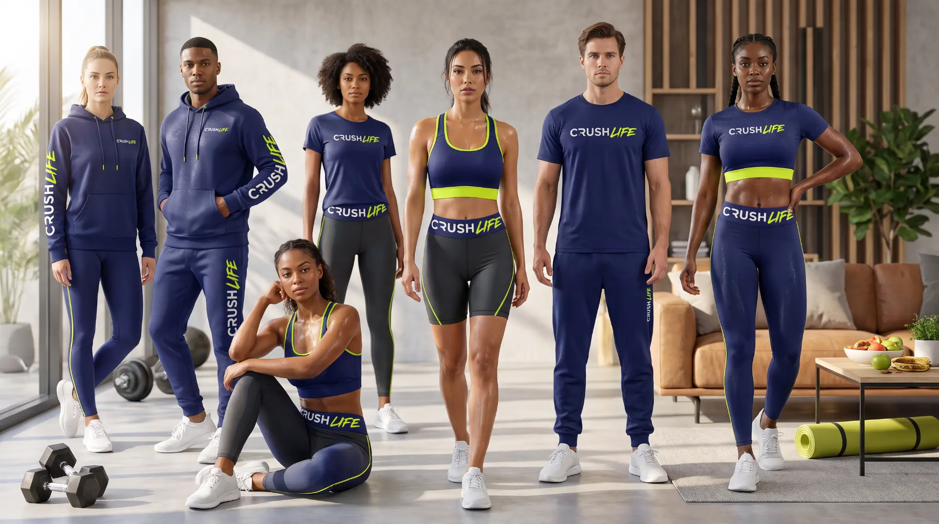 Seven people in Crush Life gear standing together in a bright studio