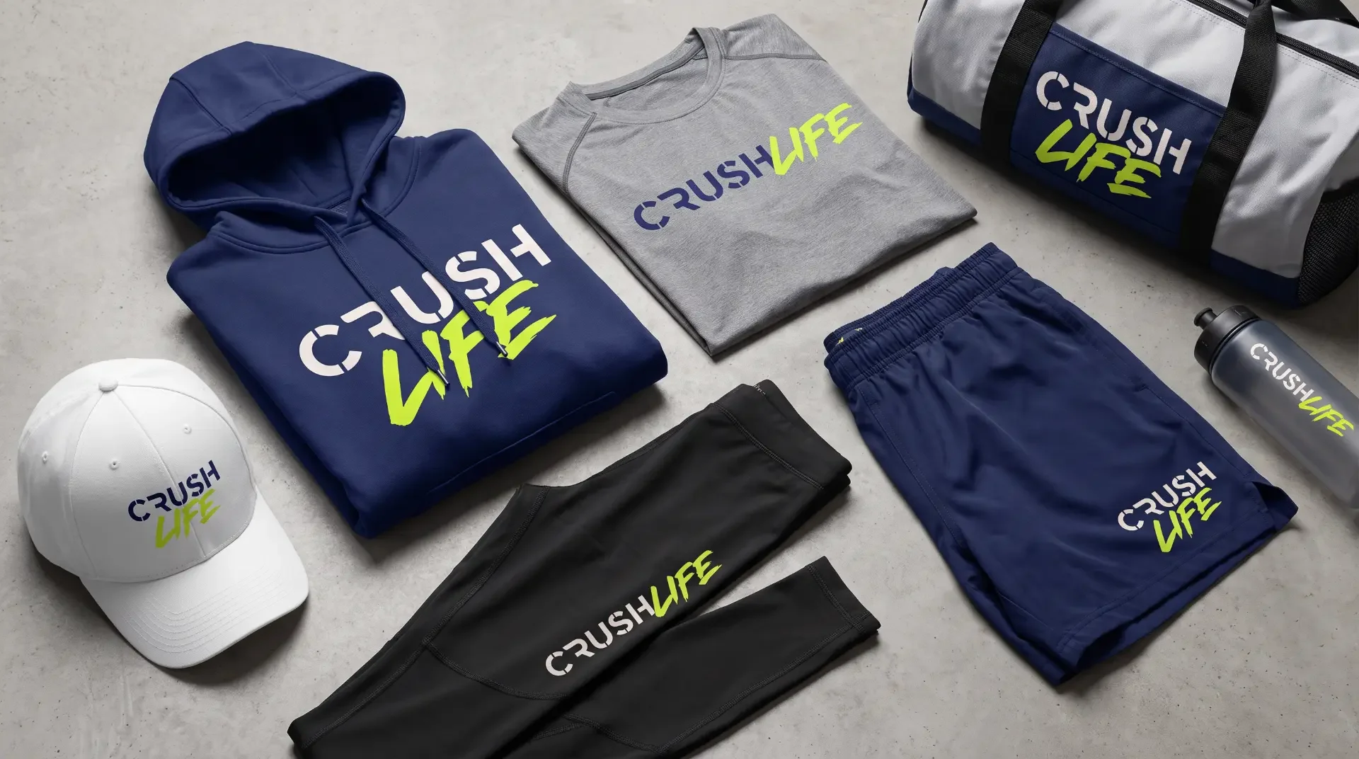 Crush Life hoodie, tee, cap and bag laid flat