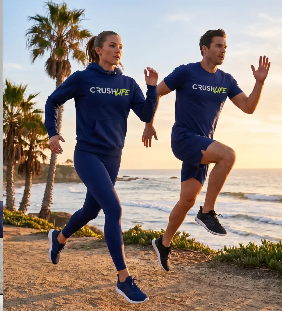 Two runners on a beach path in Crush Life gear